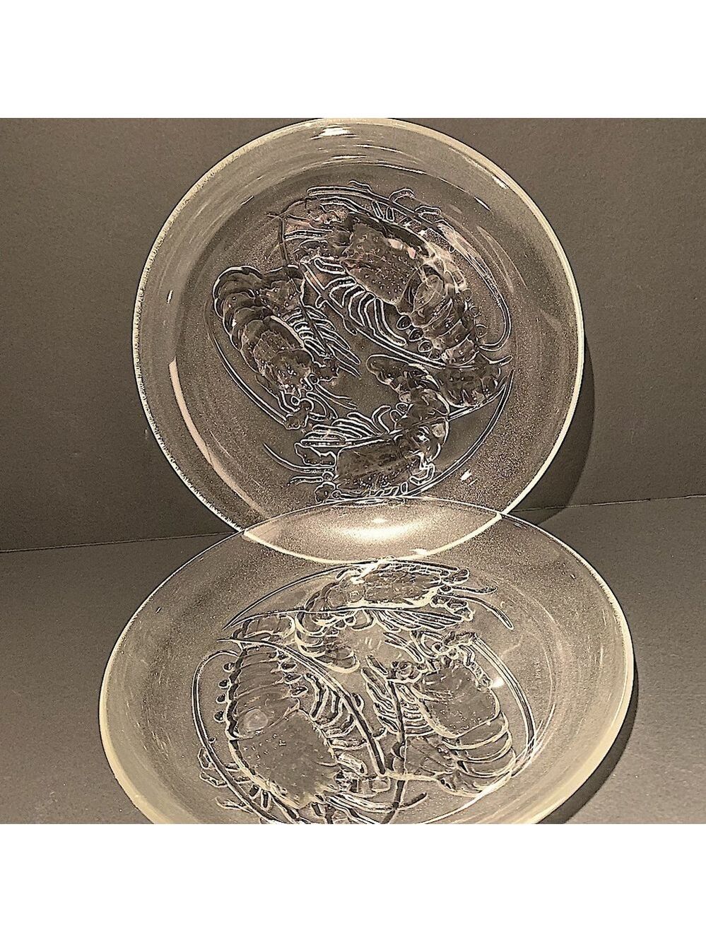VINTAGE Pasari Set 2 Serving Dish Clear Embossed Shrimp Sea Food Frosted Glass